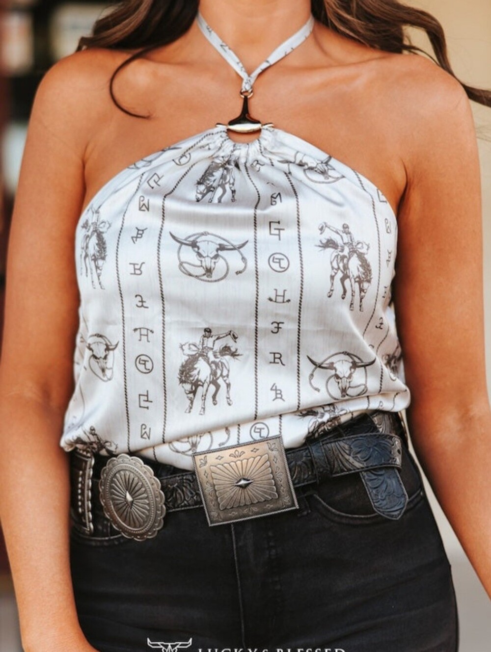 NEW Lucky & Blessed Grey/Silver Western print halter top - Picture 2 of 3